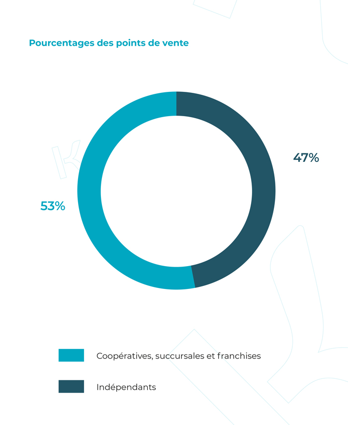 Les indépendants représentent 47% des points de vente (mais 25% du CA du marché). Coopératives, succursales et franchises pèsent 53% du parc de magasins et 75% du CA global